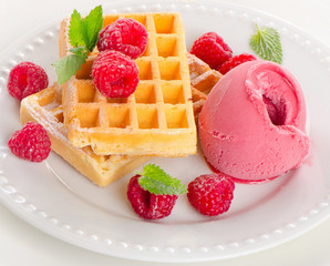 Belgian waffles with raspberries sorbet.