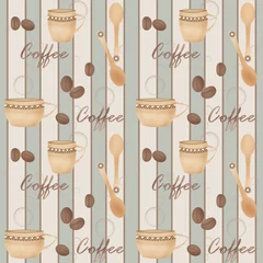 Fotobehang Retro naadloos patroon met kopje koffie en lepel op gestreept © fuzzyfox