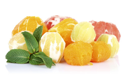 Citrus fruits without skin, isolated on white