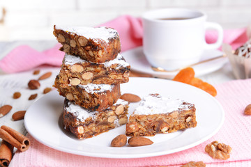 Delicious cake panforte on table close-up