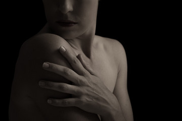 Body scape of woman neck and hand emotion artistic conversion