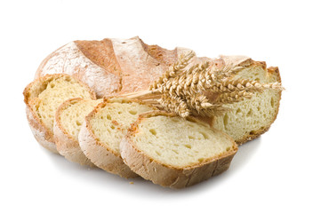Homemade bread sliced close up on white