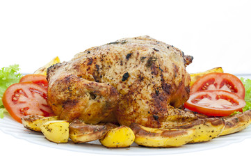 Whole roasted chicken on white background