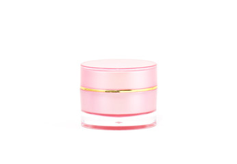 Pink cream container on white background