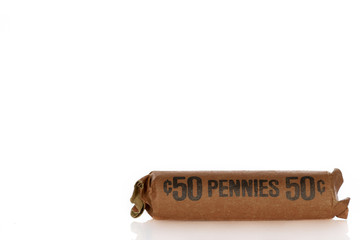 Single Coin Roll Laying Horizontal On White Background