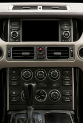 Business car interior. Screen multimedia system.