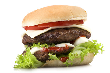 Sandwich big Hamburger close up on white