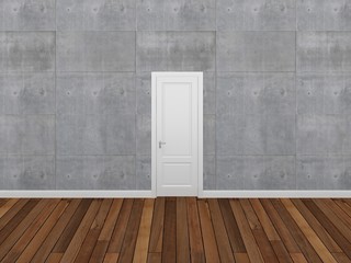 door on concrtete wall with wood floor ,3d 