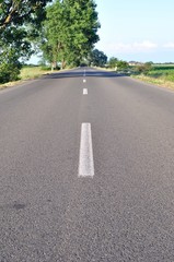 Obraz premium Asphalt road with green trees and blue sky
