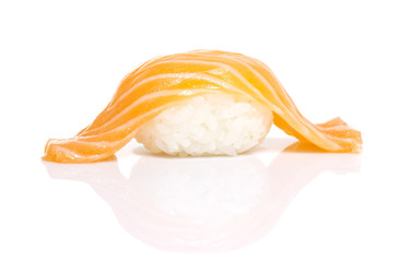 Salmon sushi nigiri with shadow isolated on white background