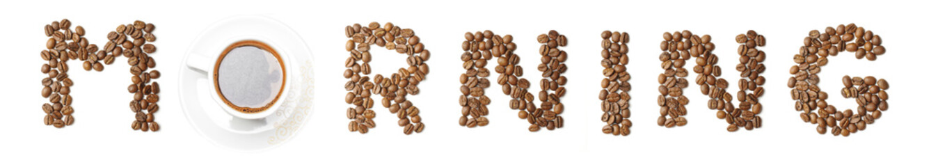 Word MORNING arranged from coffee beans and mug