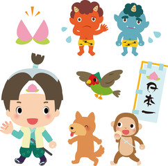 桃太郎、犬、猿、雉と鬼