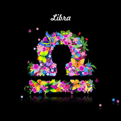 Pattern with butterflies, cute zodiac sign - libra