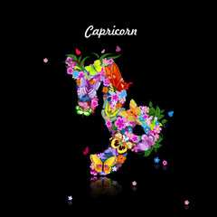 Pattern with butterflies, cute zodiac sign - capricorn