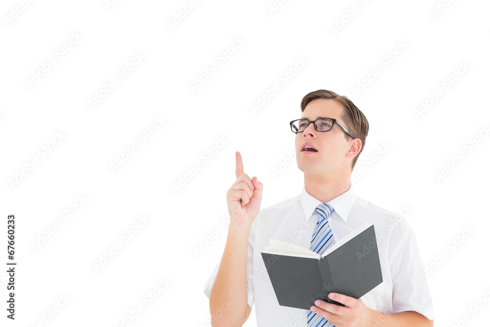 Poster geeky businessman reading from book