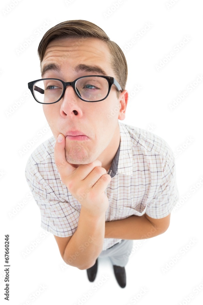 Poster geeky hipster thinking with hand on chin