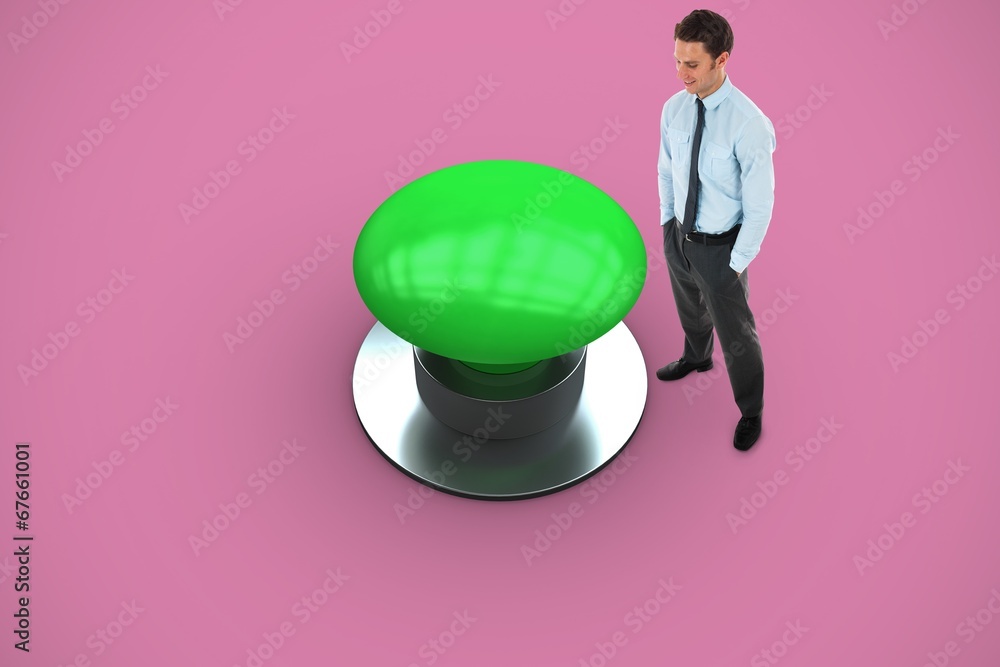 Poster composite image of happy businessman standing with hands in pock