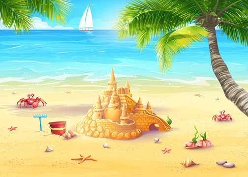 Illustration holiday by the sea with sand castle