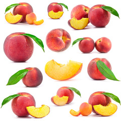 Collection of Fresh peaches with leaf isolated on white backgrou