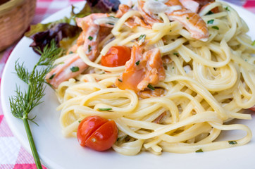 pasta and smoked salmon with tomato