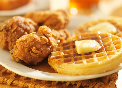 fried chicken and waffles shot in panoramic format
