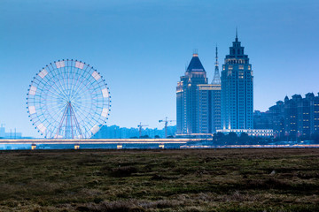 The city at night and ferris wheel