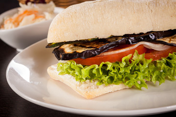 delicious vegan vegetarian burger with grilled eggplant