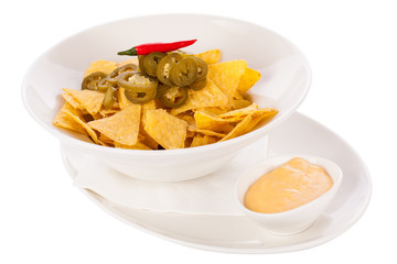 Nachos with cheese sauce and chilli pepperoni