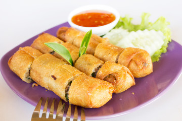 Fried spring rolls on white dish