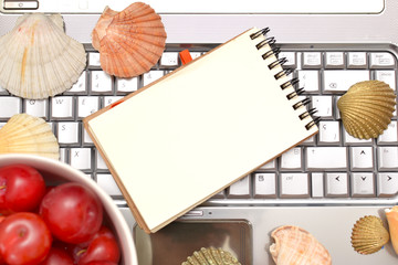 Laptop, shells, red plums and notebook
