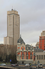 Street Bailen and "Madrid tower". Madrid, Spain