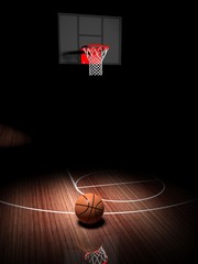 Obraz premium Basketball hoop with ball on wooden court floor