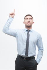 Junior handsome manager showing process of idea search