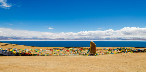 Panorama of Lake Manasarovar. Tibet
