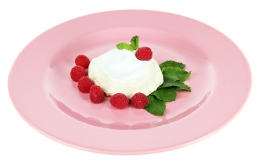 Tasty meringue cake with berries, isolated on white