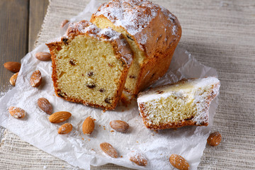 Tasty cake on table close-up