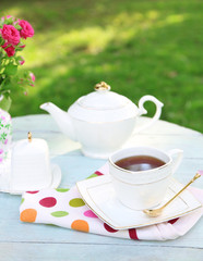 Teapot and cup on table, close-up, in garden