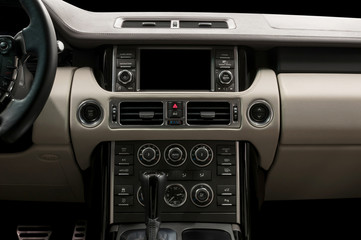 Business car interior. Screen multimedia system.