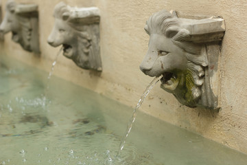 Fototapeta na wymiar Statue of lion heads spout water.