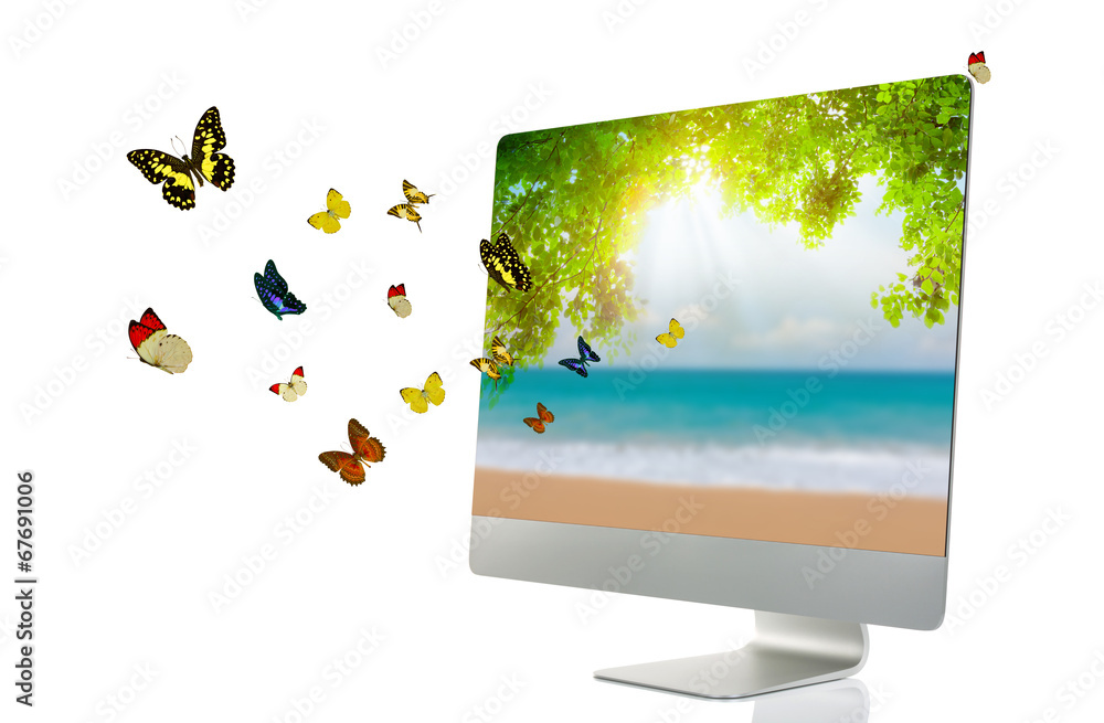 Aufkleber computer display with butterfly isolated on white background