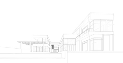 Perspective 3D render of building wireframe 