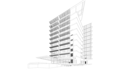 Perspective 3D render of building wireframe 