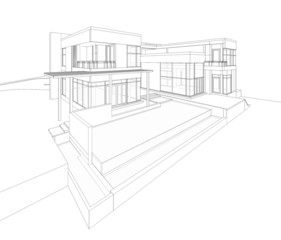 Perspective 3D render of building wireframe 