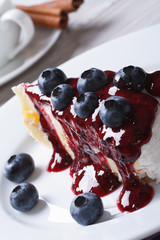 Blueberry cheesecake with berry sauce close up vertical