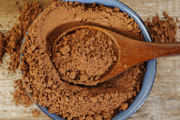 cacao powder in wooden spoon