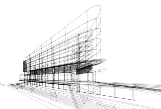 Perspective 3D render of building wireframe 