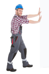 Happy Manual Worker Pushing Billboard