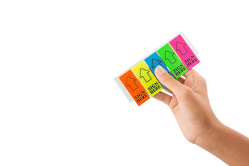 Female teenager hand holding stick it SIGN HERE arrow tag