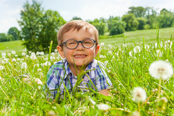 Smiling little boy lays on a grass