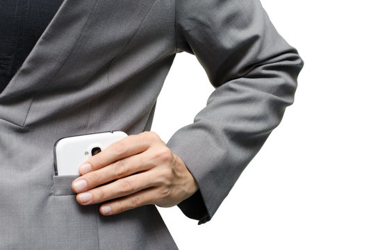 Woman Hand Picking Up Mobile Phone From Suit Pocket
